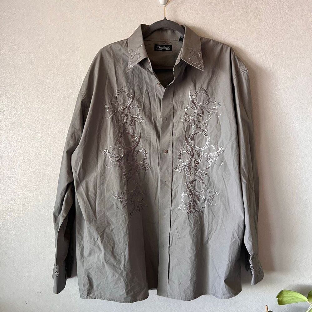 Knockout brand men's button-down shirt featuring filigree embroidery on the fron